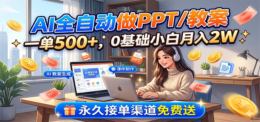 AI全自动做PPT/教案,一单500+,0基础小白月入2W,永久接单渠道免费送-墨痕微课
