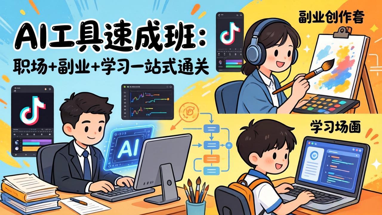 AI工具速成班：职场+副业+学习一站式通关，20+爆款类型+剪映技巧+抖音算法，0基础快速上手-墨痕微课