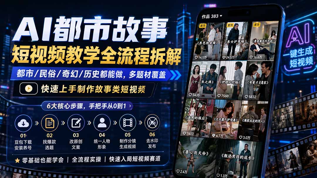 AI都市故事短视频教学全流程拆解;都市/民俗/奇幻/历史都能做多题材覆盖,快速上手制作故事类短视频-墨痕微课
