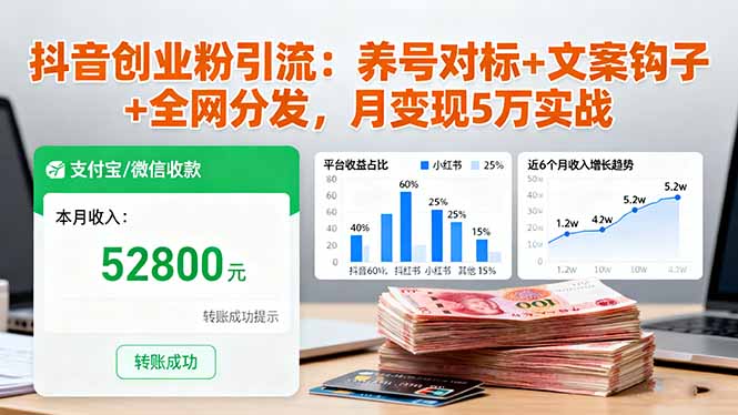 抖音创业粉引流:养号对标+文案钩子+全网分发,月变现5万实战-墨痕微课