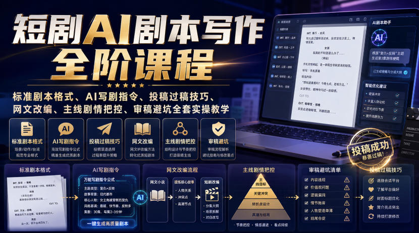 短剧AI剧本写作全阶课程｜标准剧本格式、AI写剧指令、投稿过稿技巧、网文改编、主线剧情把控、审稿避坑全套实操教学-墨痕微课