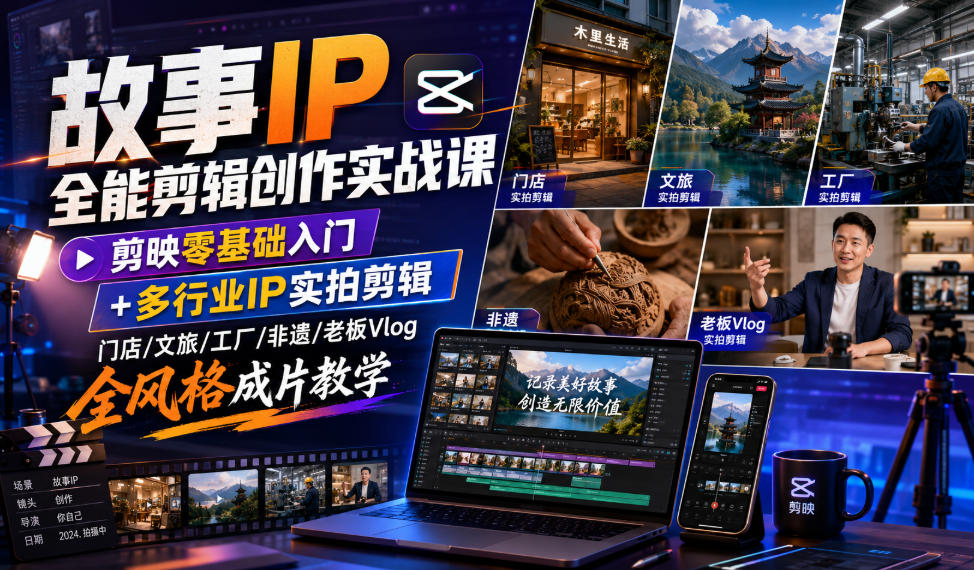 故事IP全能剪辑创作实战课｜剪映零基础入门+多行业IP实拍剪辑，门店/文旅/工厂/非遗/老板Vlog全风格成片教学-墨痕微课