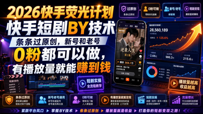 2026快手荧光计划,快手短剧搬运技术,条条过原创,新号和老号0粉都可以做,有播放量就能賺到钱-墨痕微课