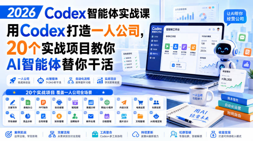 2026 Codex智能体实战课，用Codex打造一人公司，20个实战项目教你AI智能体替你干活-墨痕微课