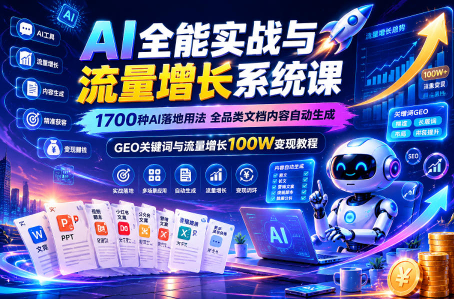 AI全能实战与流量增长系统课，1700种AI落地用法，全品类文档内容自动生成，GEO关键词与流量增长100W变现教程-墨痕微课