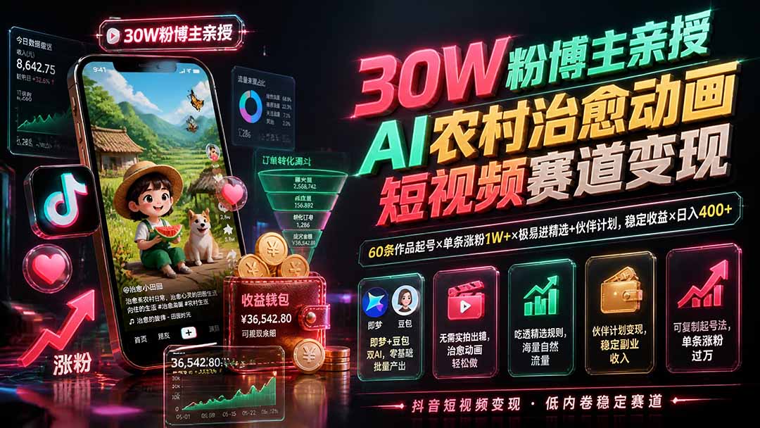 30W粉博主亲授AI农村治愈动画短视频赛道变现：60条作品起号×单条涨粉1W+×极易进精选+伙伴计划，稳定收益×日入400+-墨痕微课