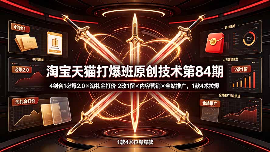 淘宝天猫打爆班原创技术第84期：4剑合1必爆2.0×淘礼金打价×2改1留×内容营销×全站推广，1款4术拉爆-墨痕微课
