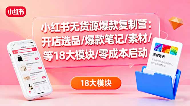 小红书无货源爆款复制营:开店选品/爆款笔记/素材/等18大模块/零成本启动-墨痕微课