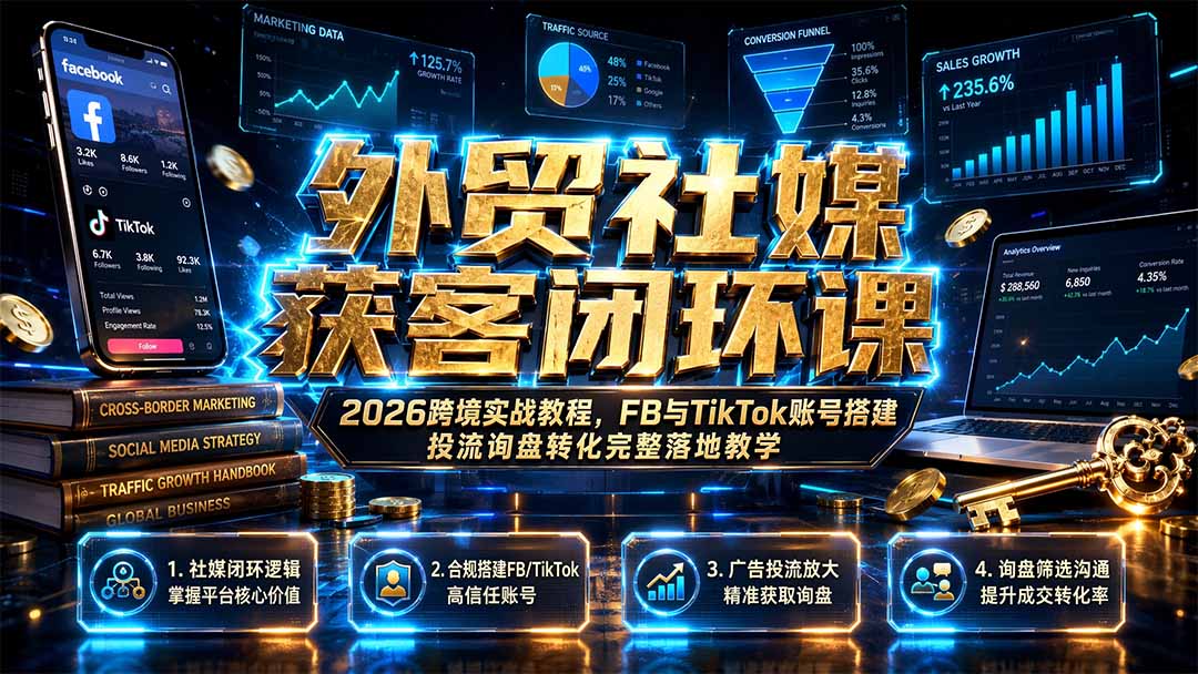 外贸社媒获客闭环课｜2026跨境实战教程，FB与TikTok账号搭建投流询盘转化完整落地教学-墨痕微课