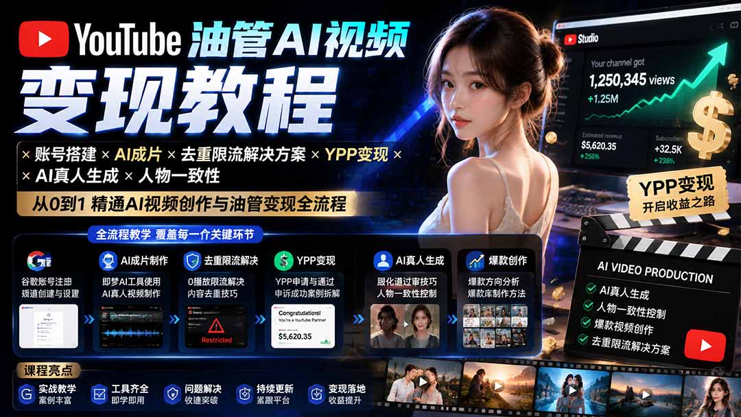 YouTube油管AI视频变现教程:账号搭建×AI成片×去重限流解决方案×YPP变现×AI真人生成×人物一致性-墨痕微课