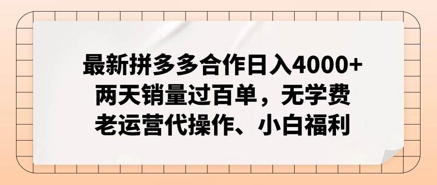 最新拼多多合作日入4000+两天销量过百单，无学费、老运营代操作、小白福利-墨痕微课