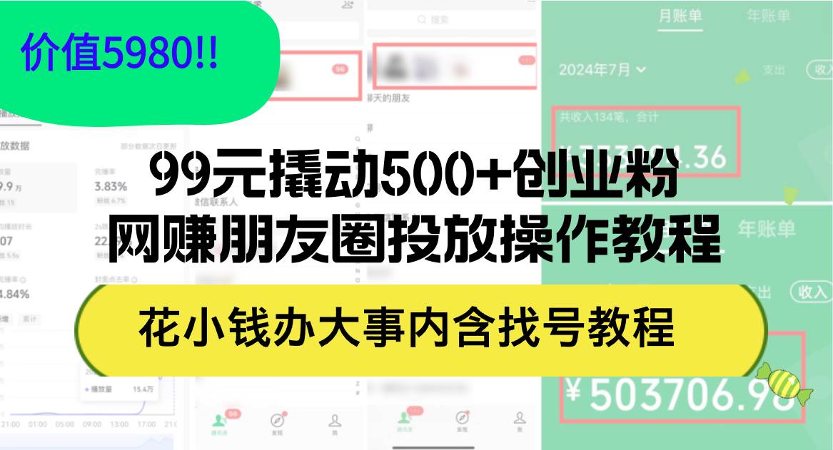99元撬动500+创业粉，网赚朋友圈投放操作教程价值5980！花小钱办大事内…-墨痕微课